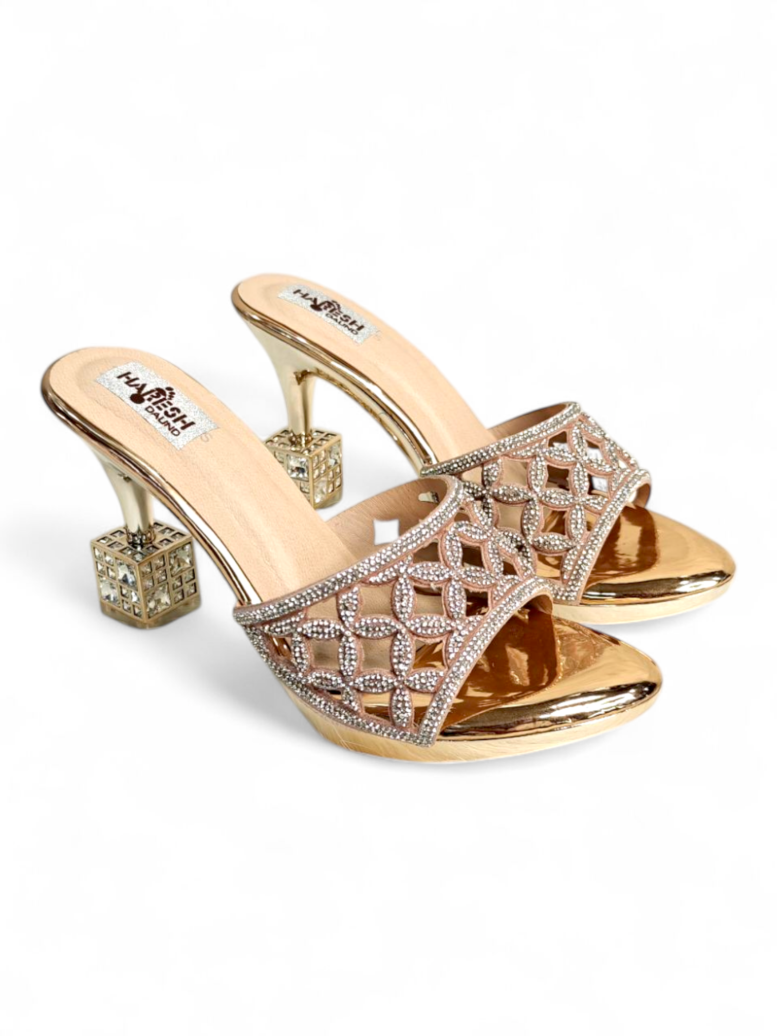 Top angle showing gold metallic footbed and crystal lattice strap design