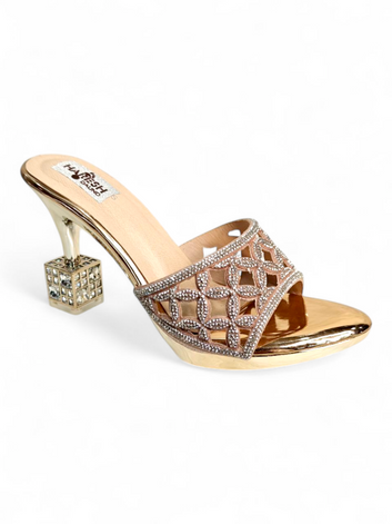 Gold Crystal Lattice Slip-On Heels with Designer Cube Heel for Women
