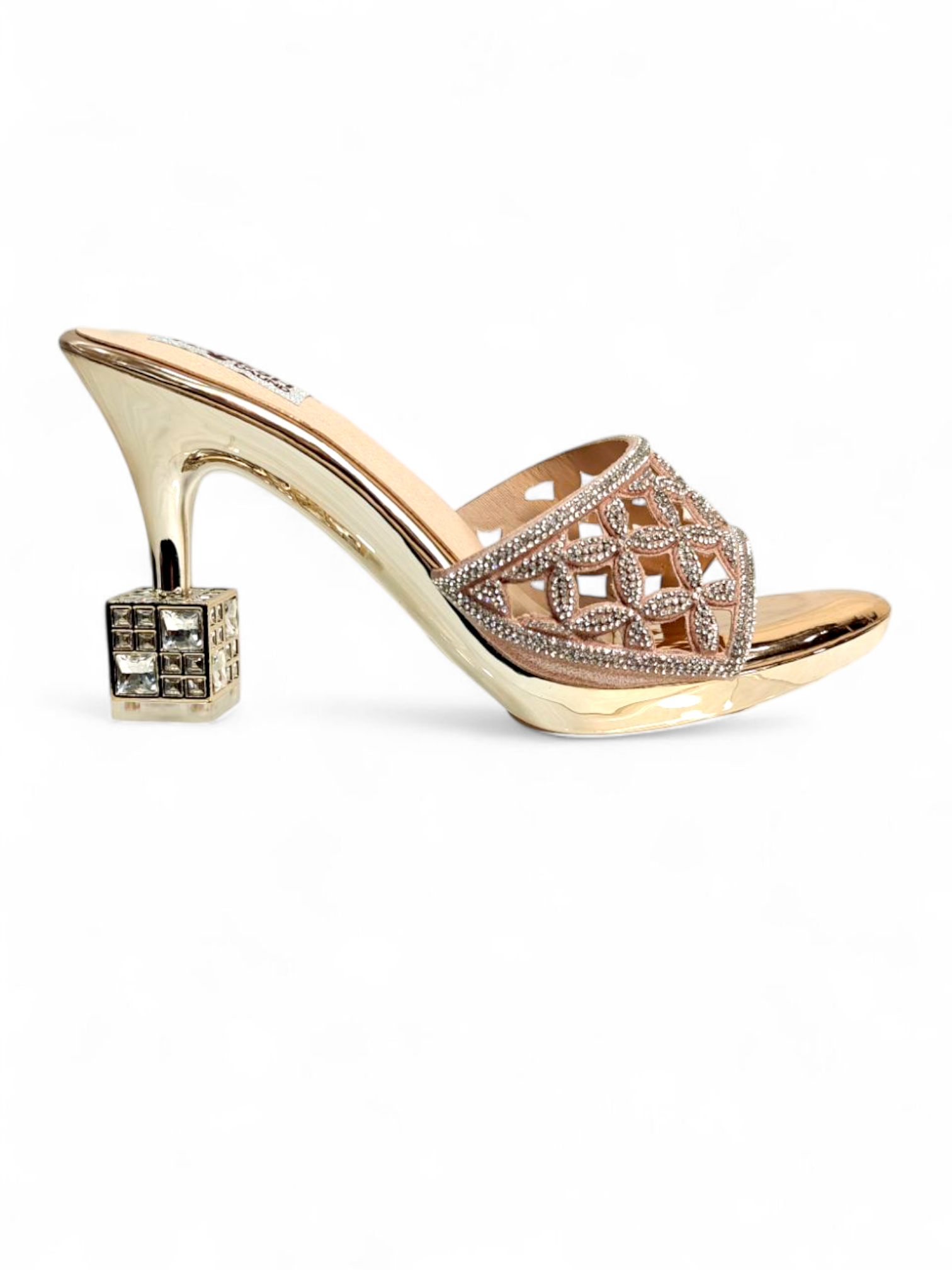 Side profile of gold crystal lattice sandals with unique cube block heel