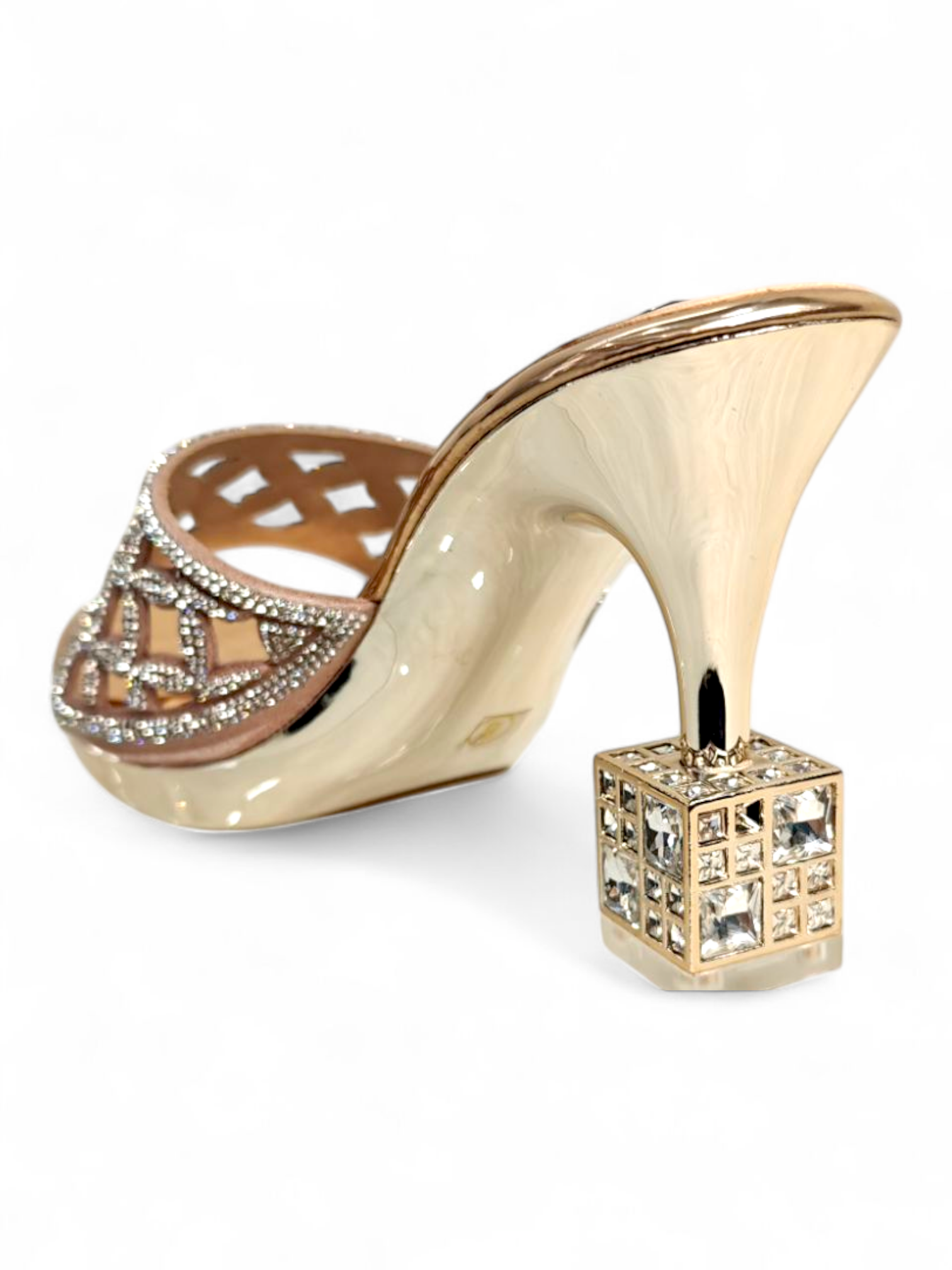 Back view of designer cube heel on gold crystal embellished sandals
