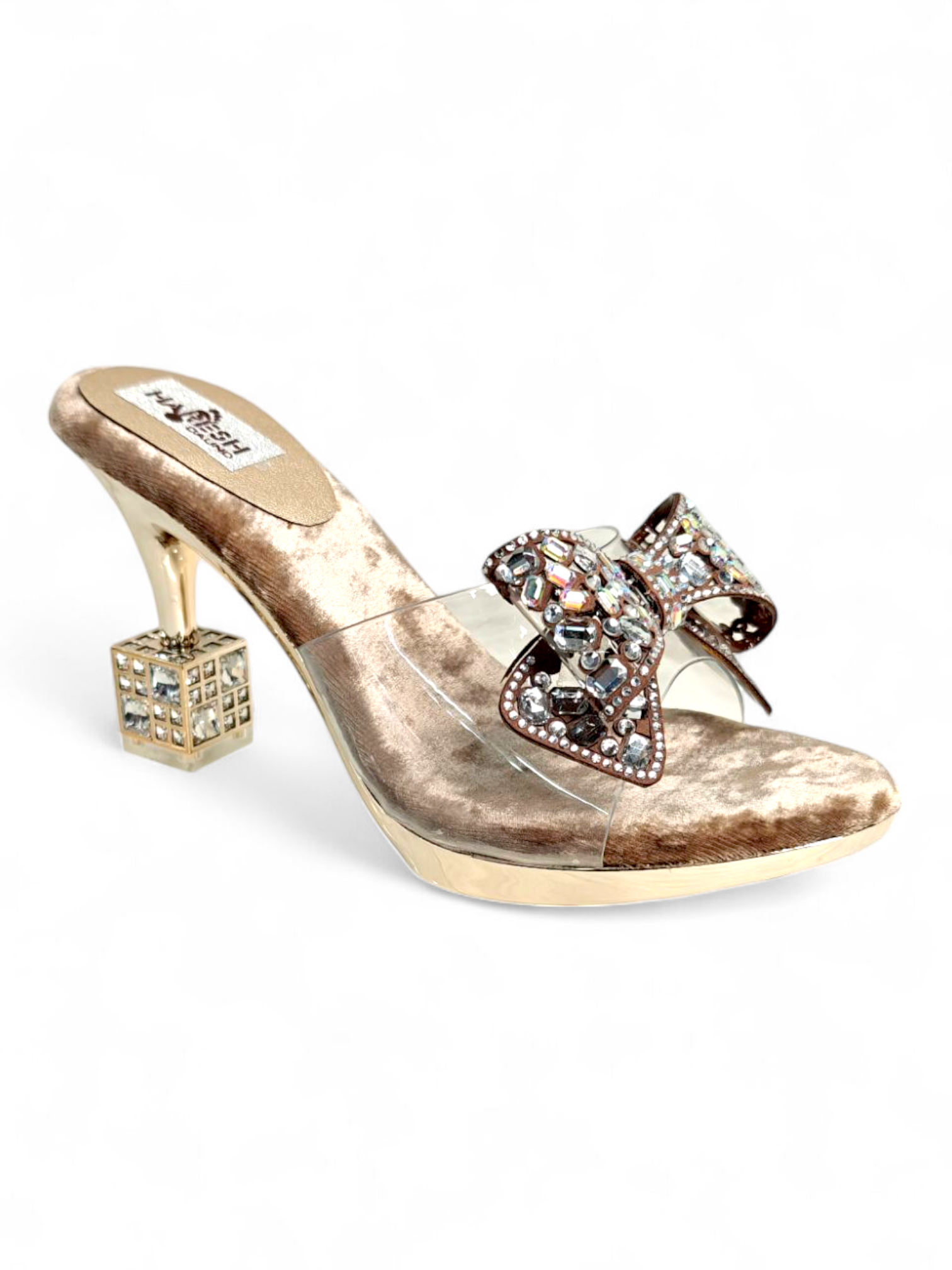 Gold velvet heels with transparent strap, embellished bow, and designer cube heel for women