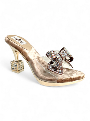 Gold Velvet Embellished Bow Heels with Transparent Strap & Designer Cube Heel