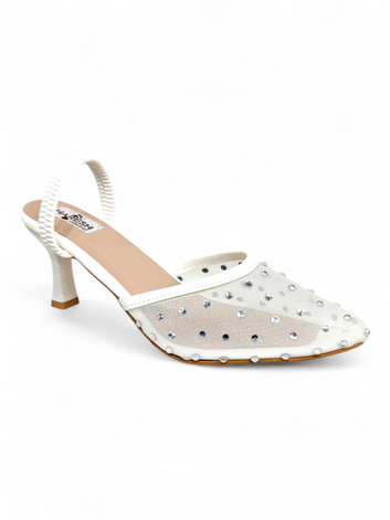 White crystal embellished mesh pointed-toe slingback heels for women