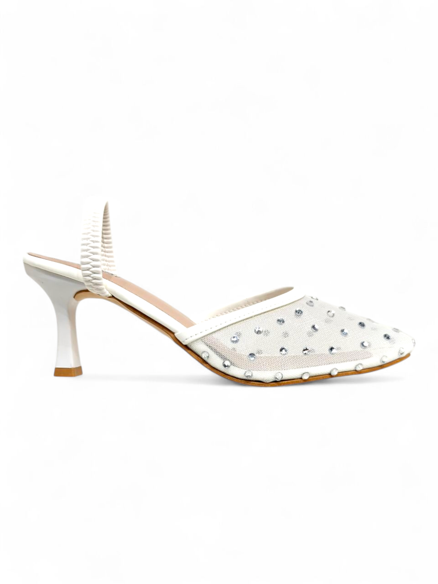 Side profile of white mesh slingback heels with crystal embellishments
