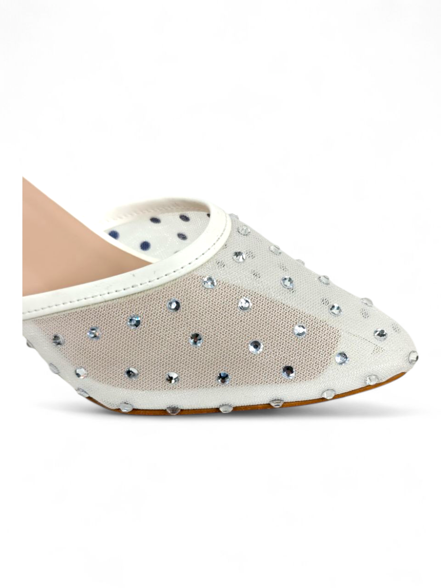Close-up of crystal embellishments on white mesh heel sandals