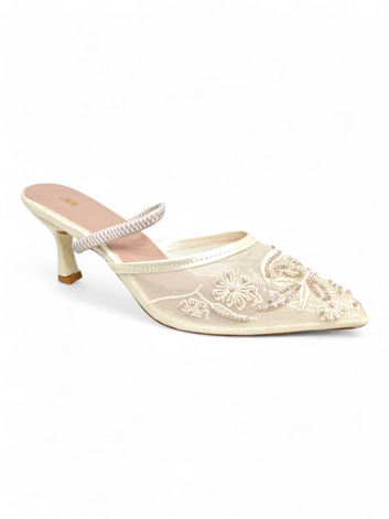 Cream embroidered mesh pointed-toe kitten heel mules for women