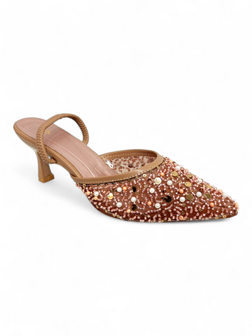 Brown Embellished Pointed Toe Slingback Kitten Heels