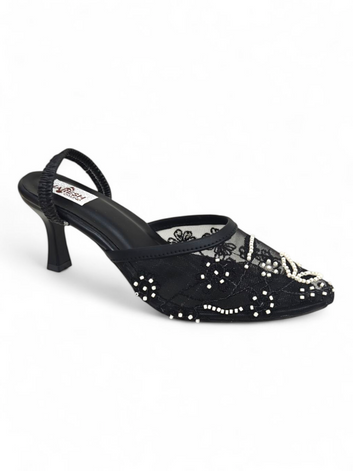 Black embroidered mesh pointed-toe slingback kitten heels for women