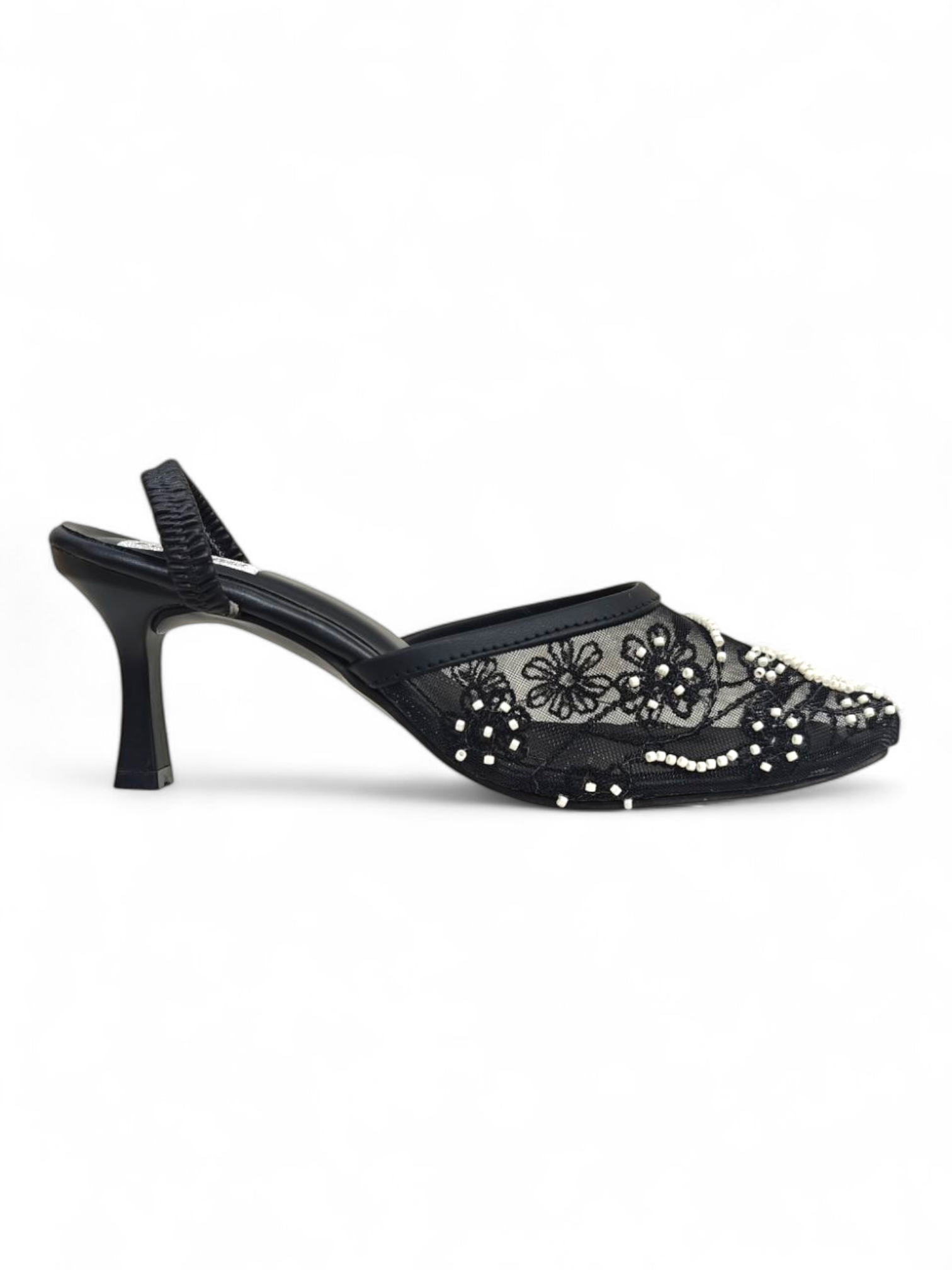 Side profile of black mesh slingback kitten heels with pearl embroidery