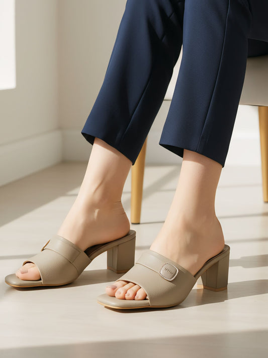Beige Textured Block Heel Slip-On Sandals for Women