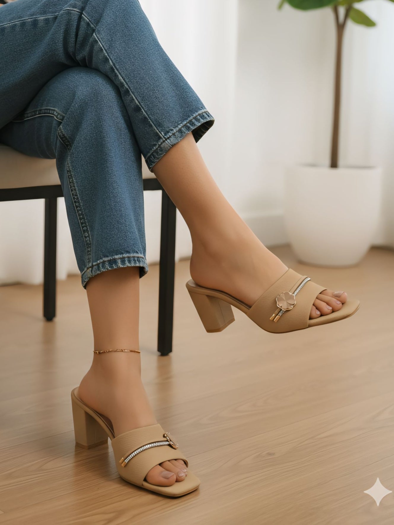 Beige block heel sandals with floral embellishment