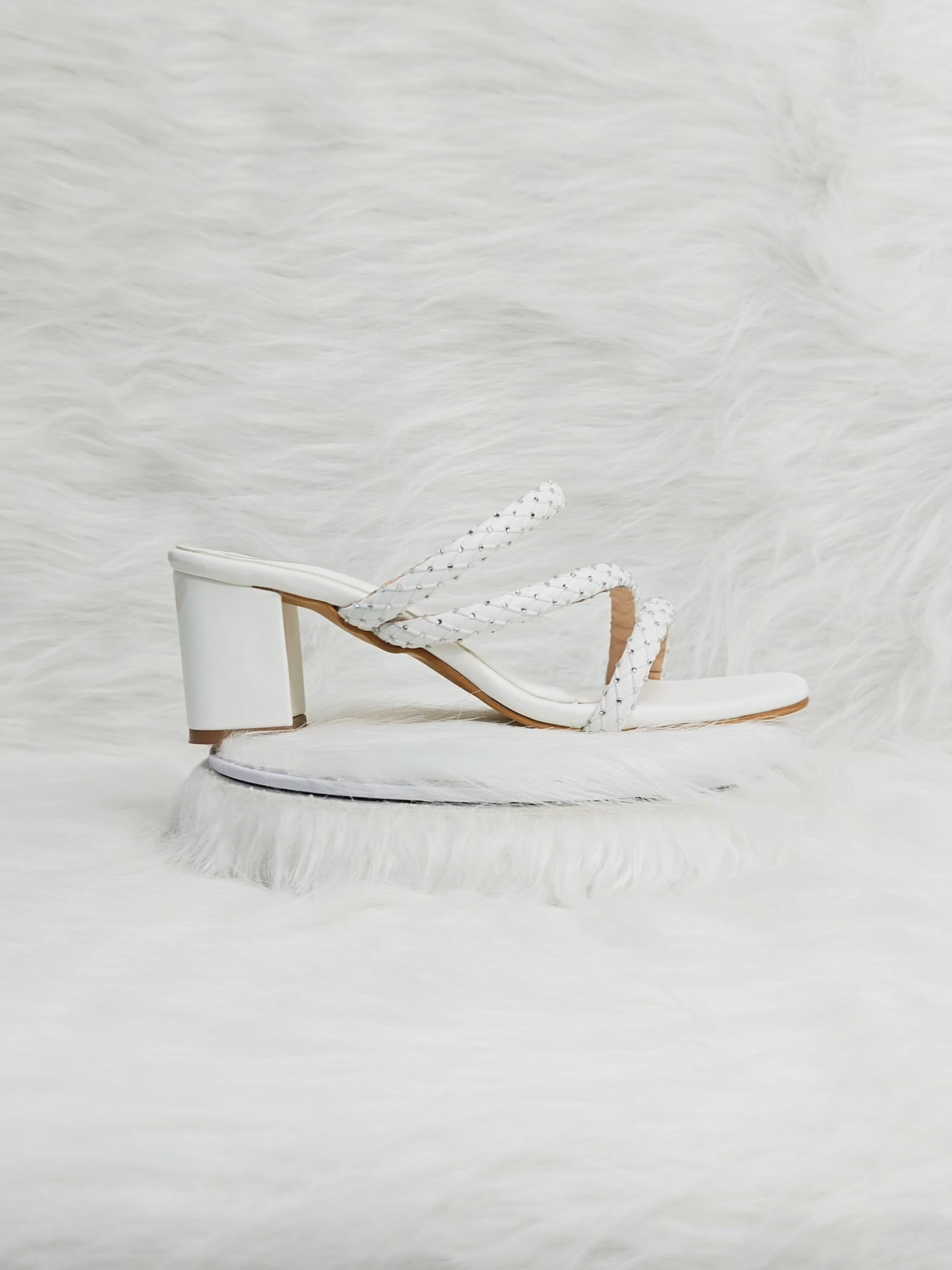 360 degree rotation of white braided multi-strap toe-ring block heel sandals for women