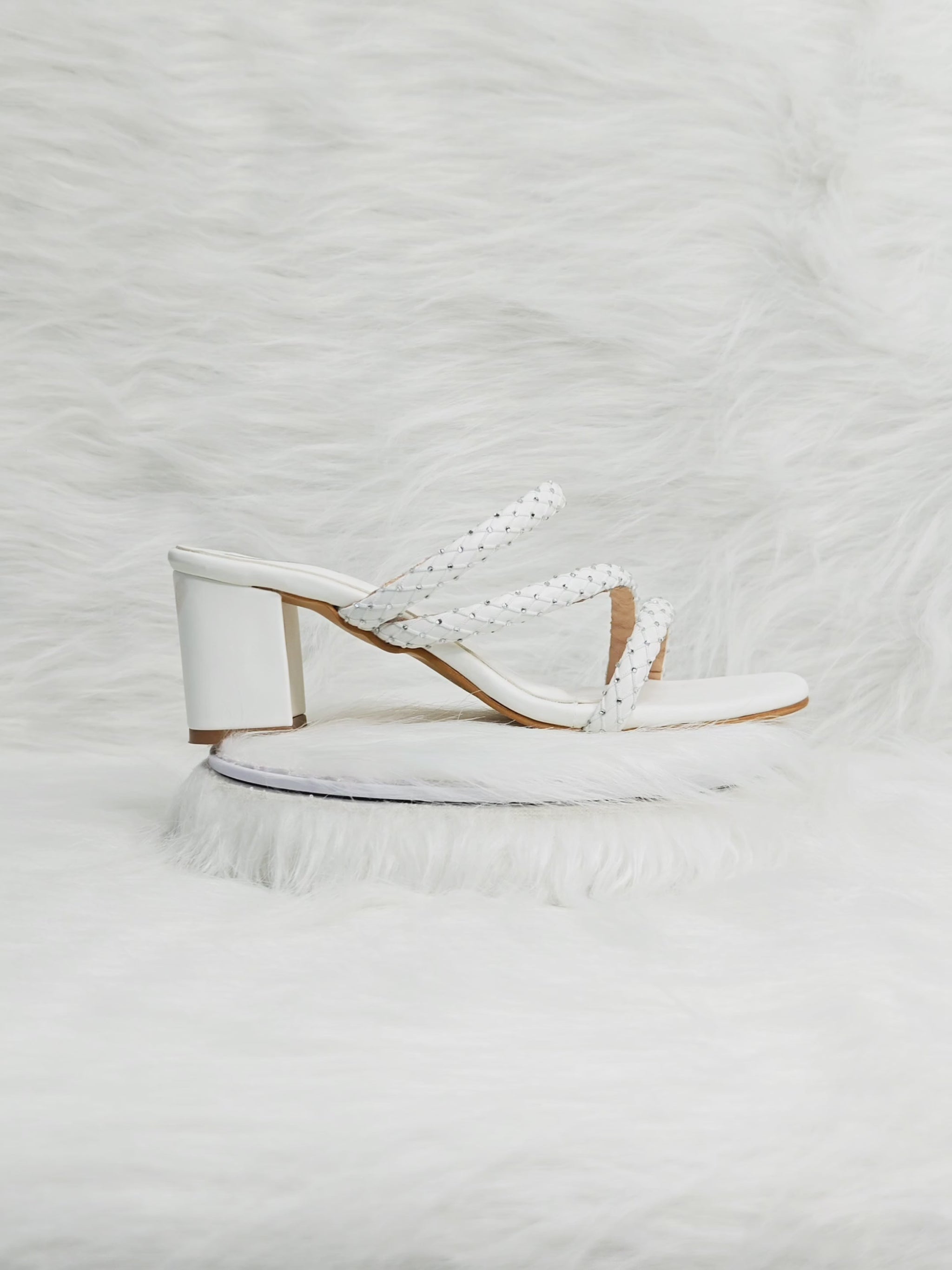 360 degree rotation of white braided multi-strap toe-ring block heel sandals for women