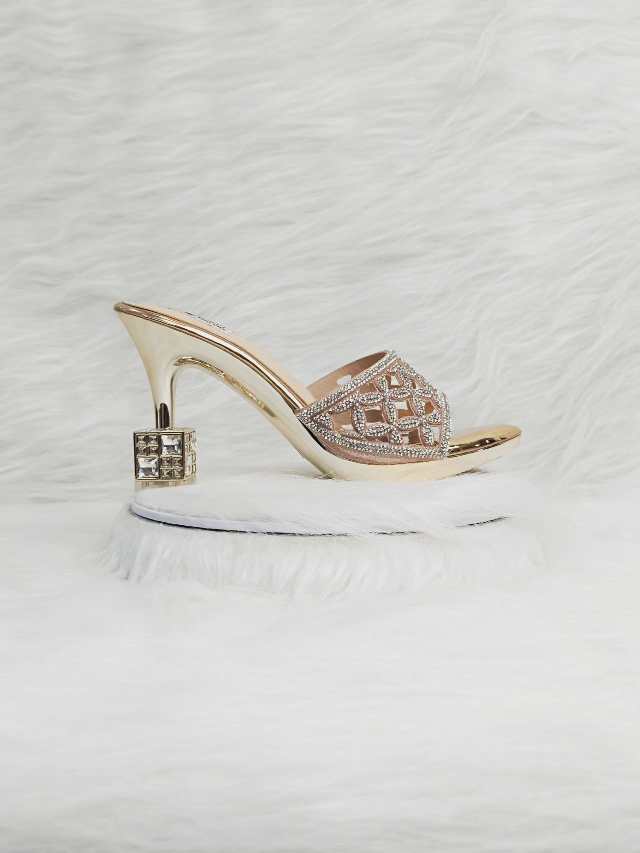 360 degree rotation of gold crystal lattice sandals with designer cube heel for women