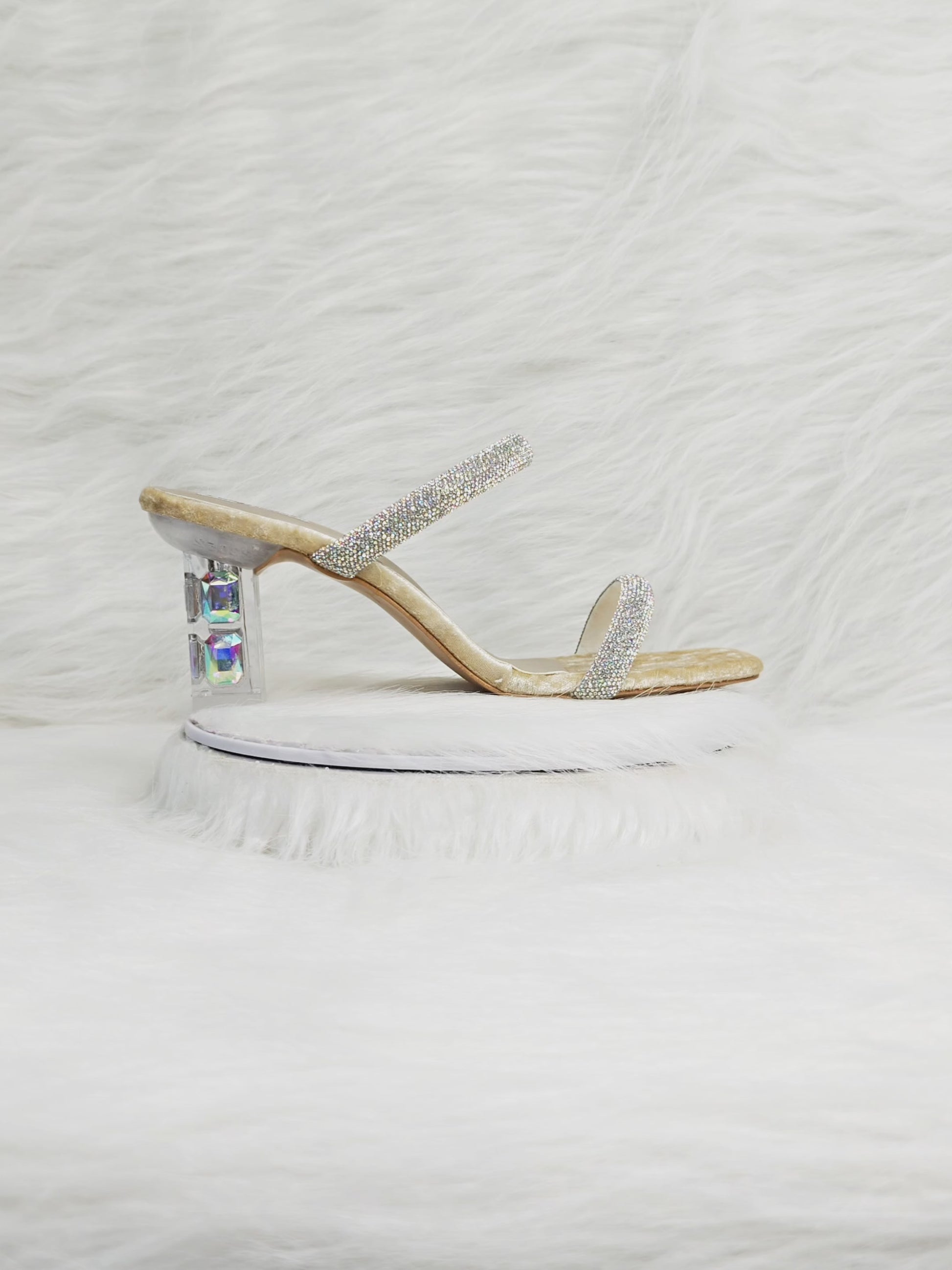 360 degree rotation of gold velvet sandals with double crystal straps and prism clear block heel