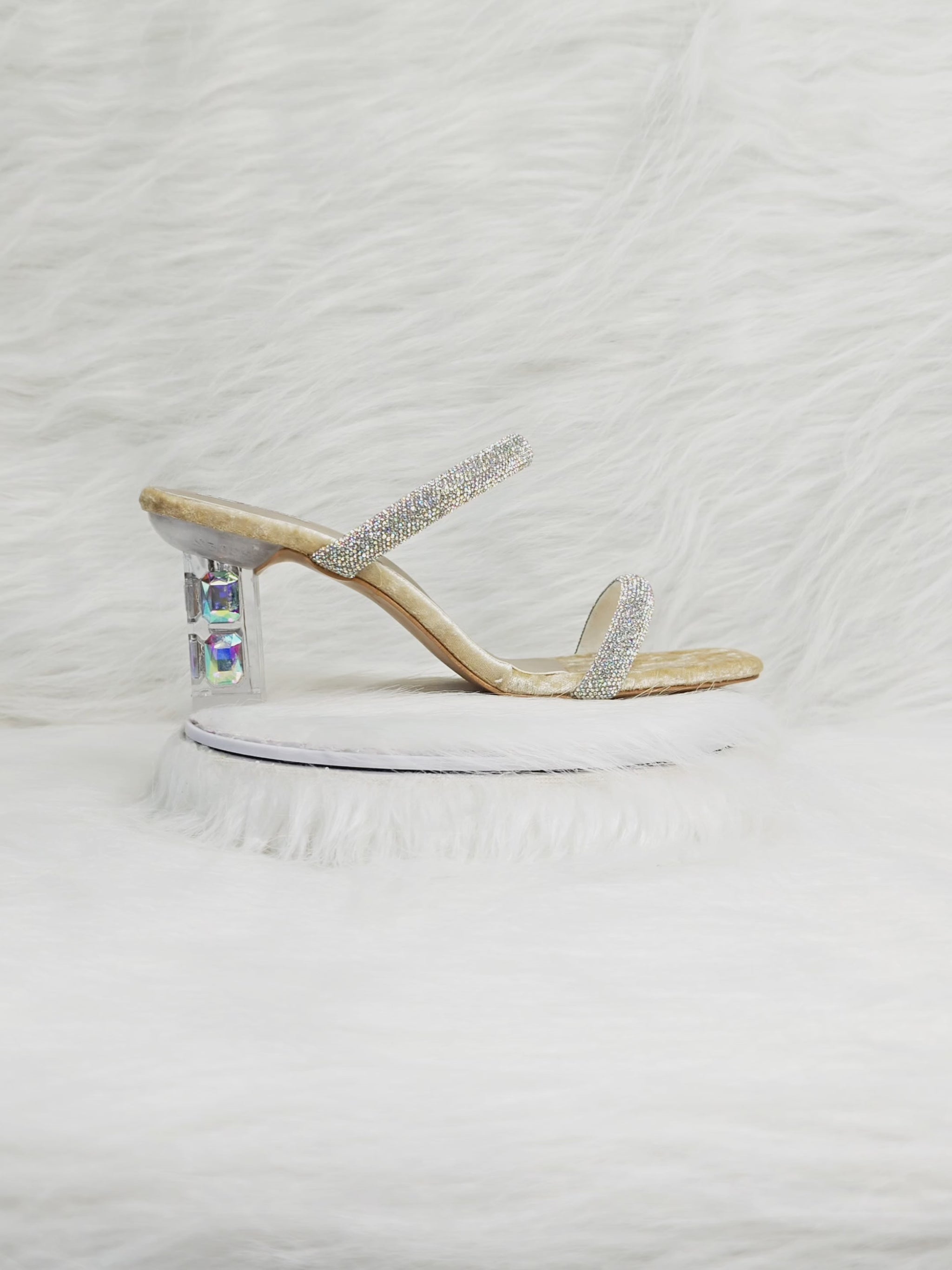 360 degree rotation of gold velvet sandals with double crystal straps and prism clear block heel