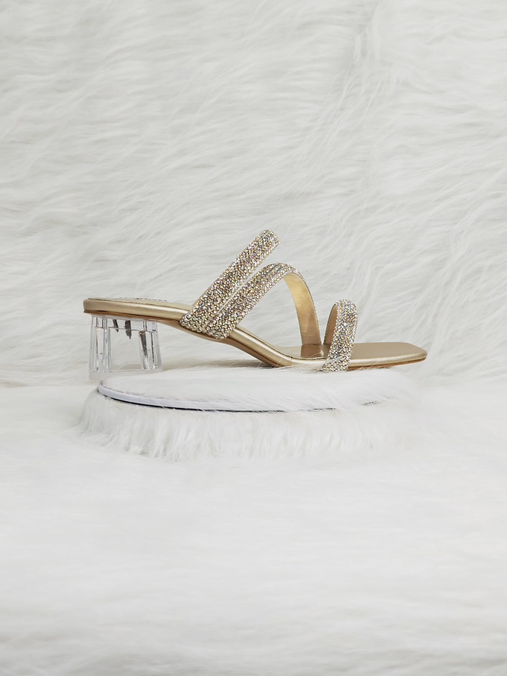 360 degree rotation of gold triple strap crystal embellished clear block heel sandals for women